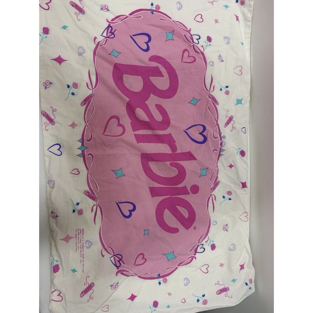 VTG 90s Mattel Barbie Pillowcase Pink Hearts Barbiecore Princess